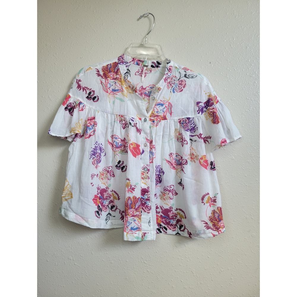 Free People White Floral Button Front Babydoll Blouse Flutter Sleeve Large